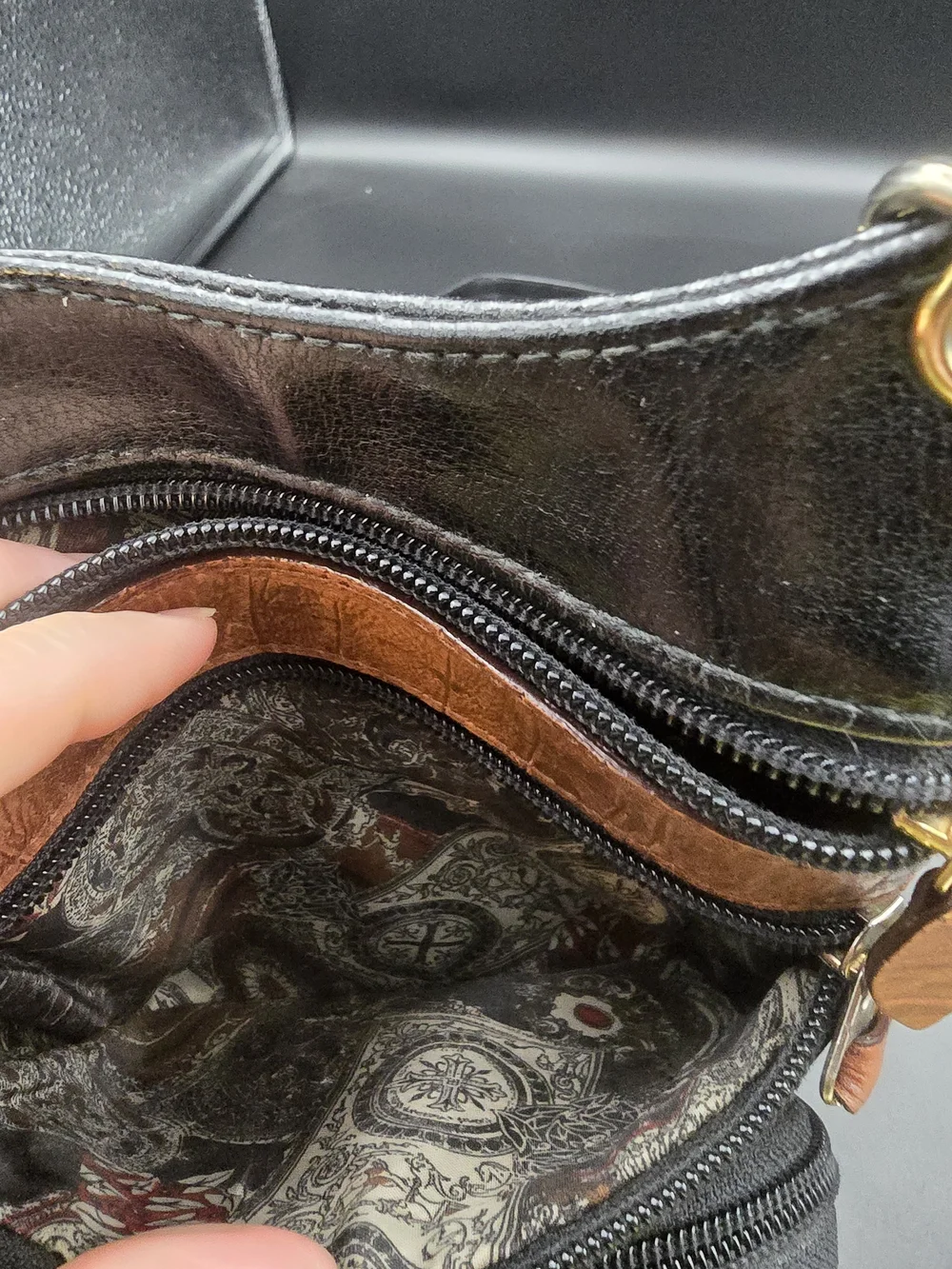 Two-Tone Black & Brown Crossbody Organizer with Gold Hardware